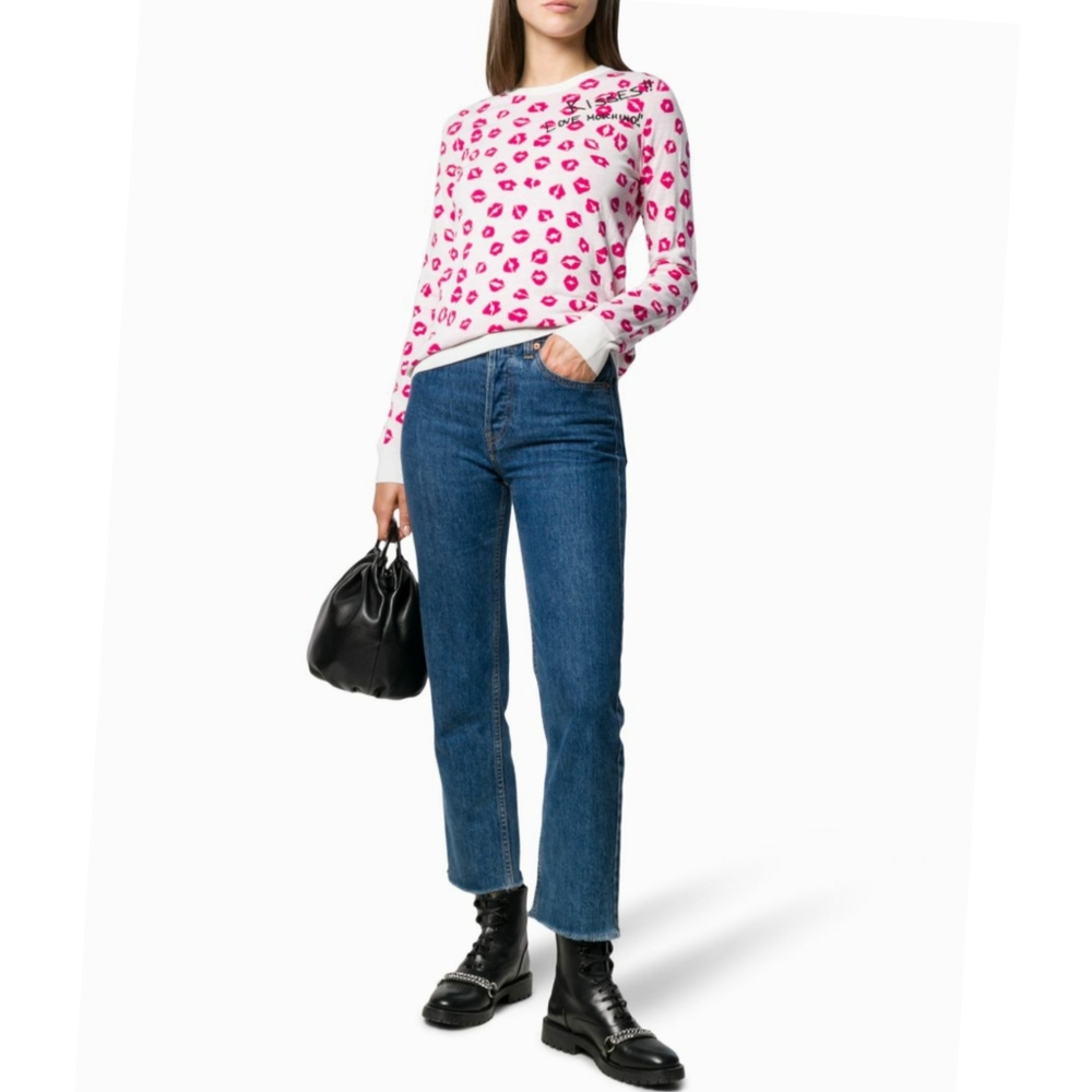 LOVE MOSCHINO White Sweater with Pink Lips Logo & signature detail Size M